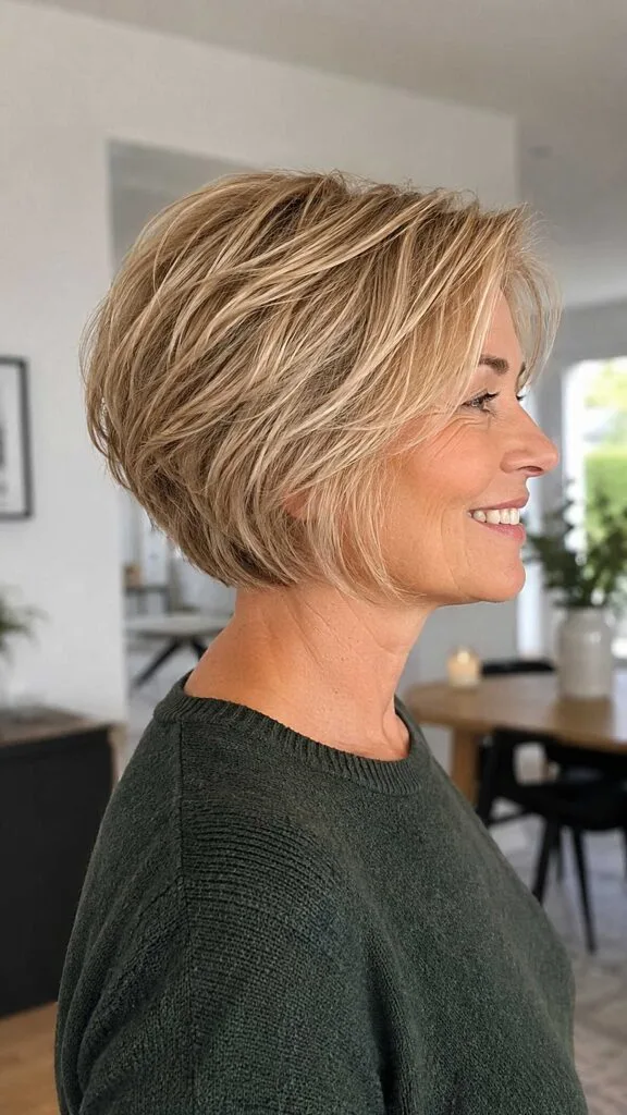 Sandy blonde stacked bob with sweeping crown layers