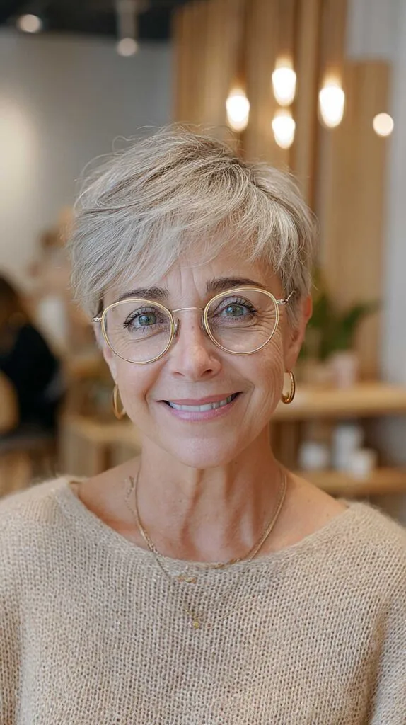 Sandy Blonde Textured Pixie with Round Gold Glasses