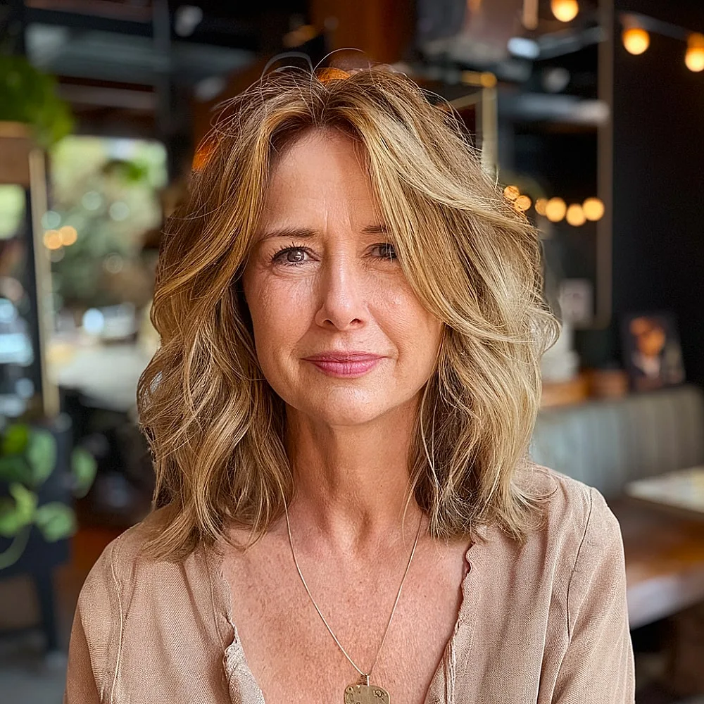 Shaggy long bob for women over 50 with tousled layers and warm blonde highlights