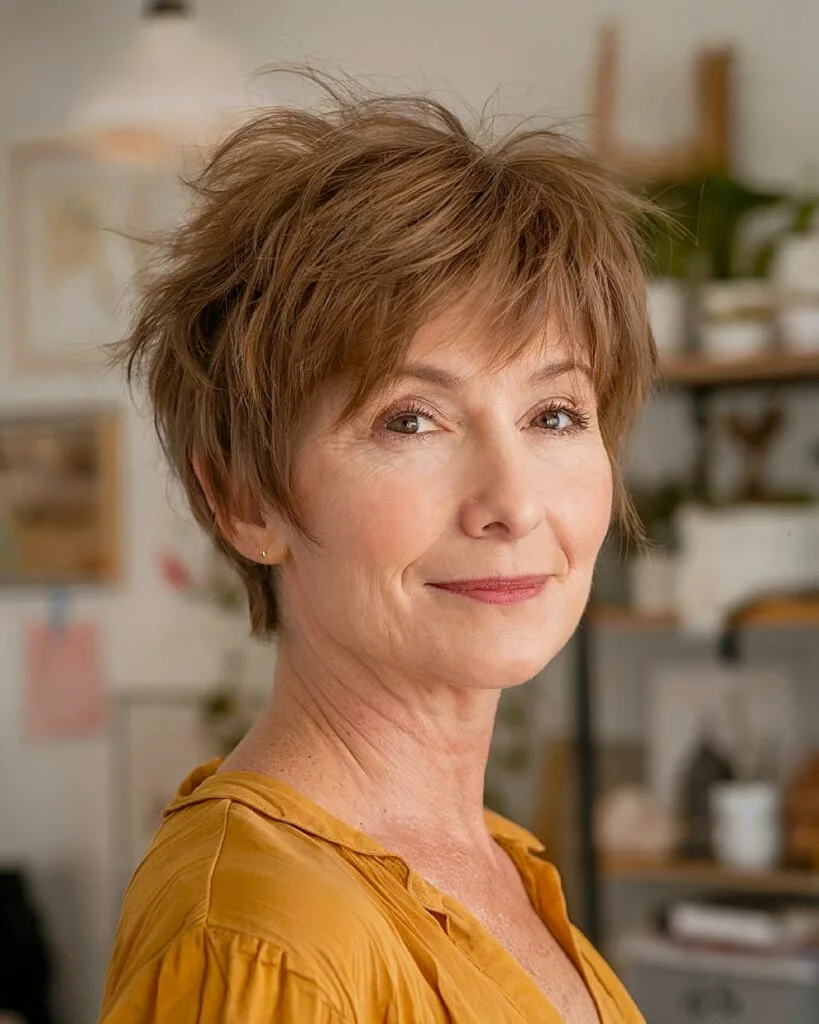 Shaggy pixie bob for women over 50 with soft fringe and layered brown texture