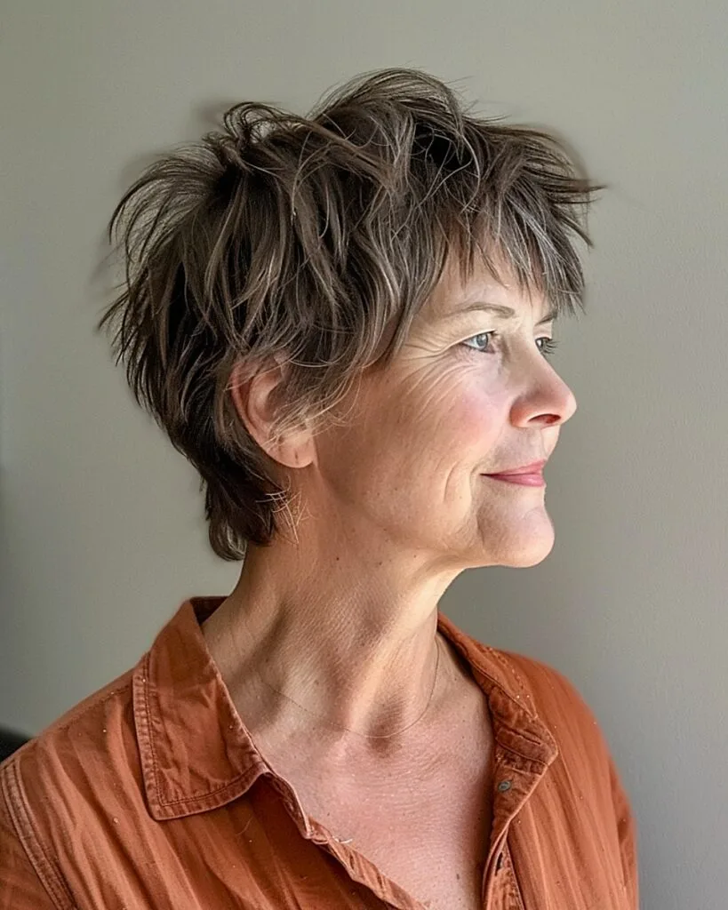 Shaggy pixie mullet for women over 50 with voluminous layers and tousled crown texture