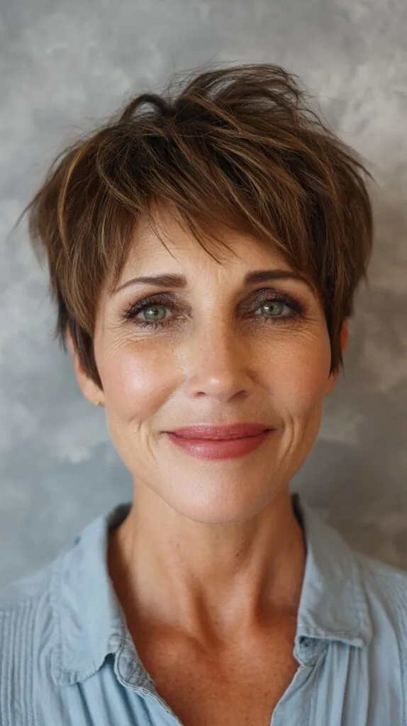 Sharp Brunette Pixie with Subtle Highlights