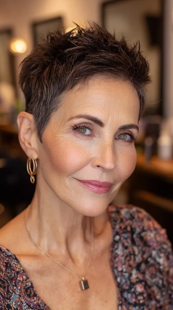 Sharp Espresso Tousled Pixie for Mature Elegance