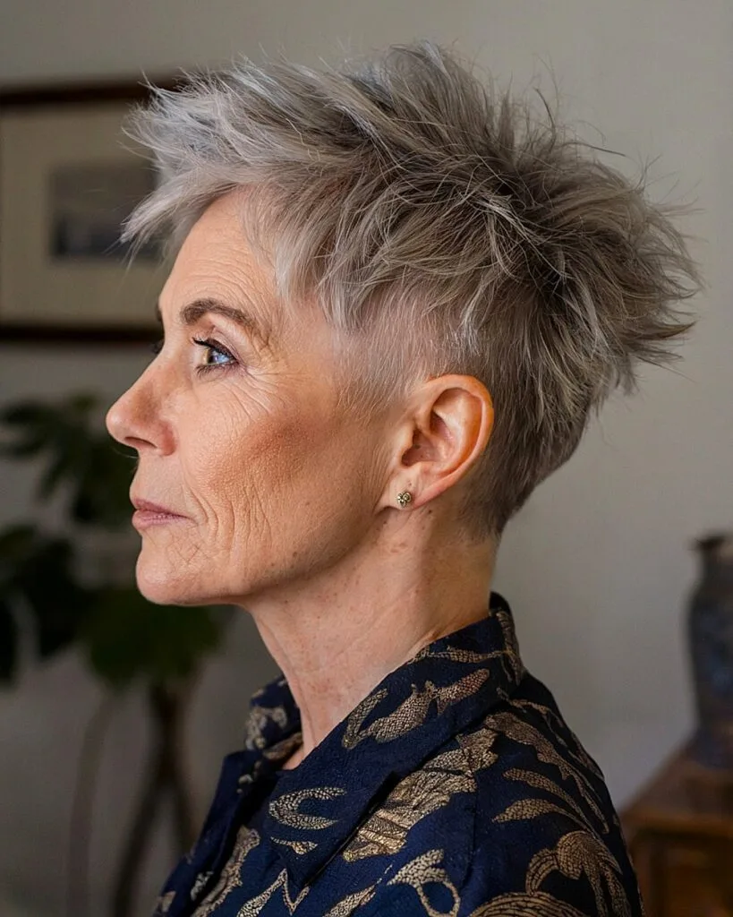 Shaved side shag pixie for older women with spiky crown layers and silvery gray tone
