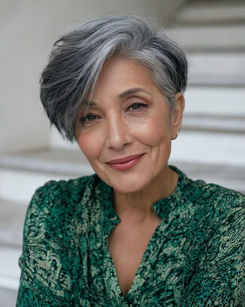 Short black and gray side-parted hairstyle for women over 50 with smooth blended color