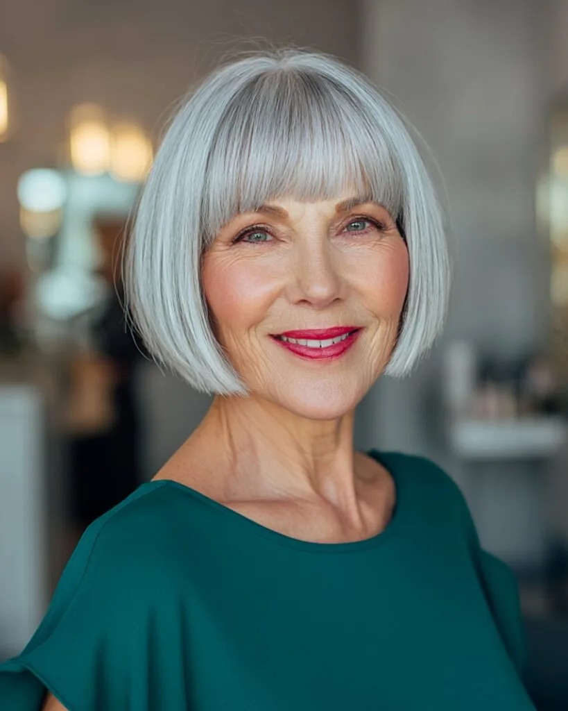 Short blunt silver bob with arched bangs for older women with straight fine hair