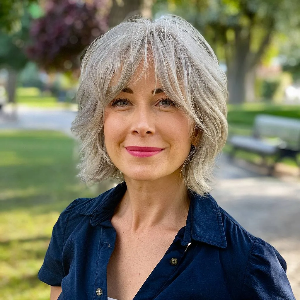 Short bob with bangs for fine hair over 40 in a textured silver-gray finish