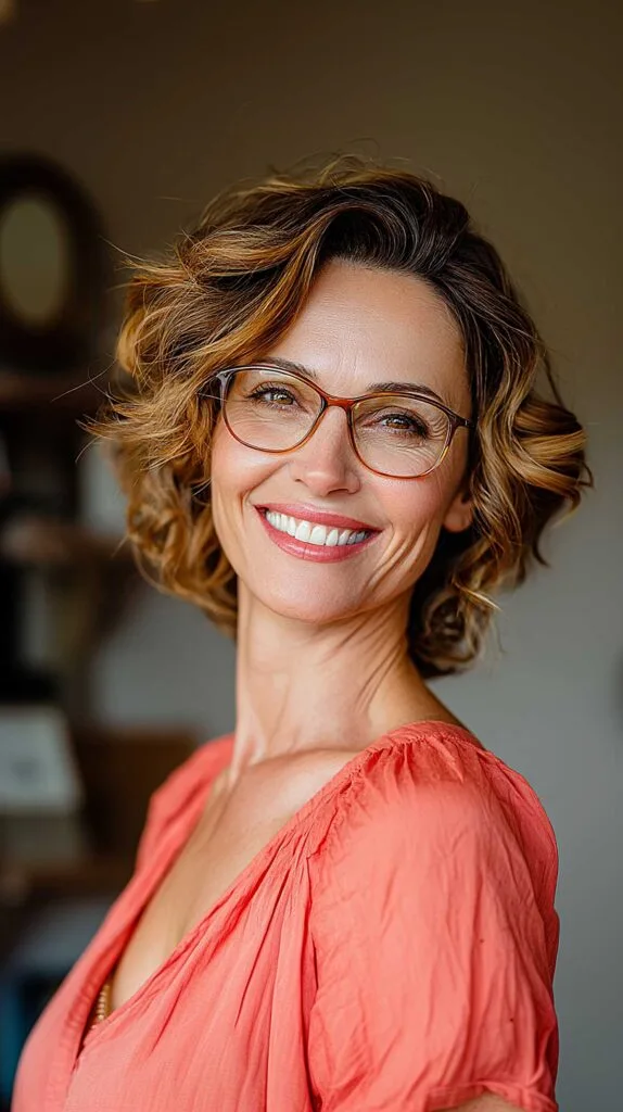Short bouncy curly bob with caramel balayage highlights
