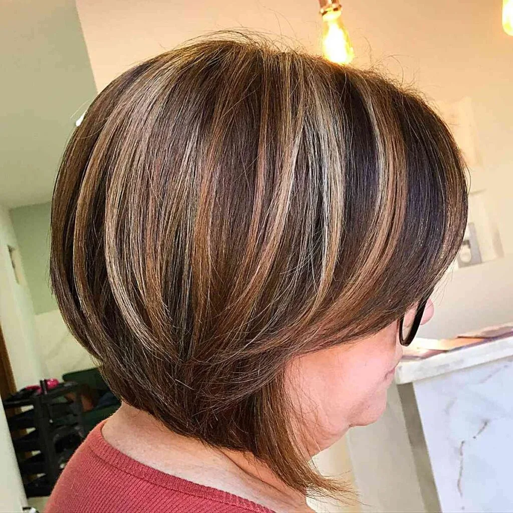 Short Brunette Bob with Blonde Highlights for Older Overweight Women Over 50