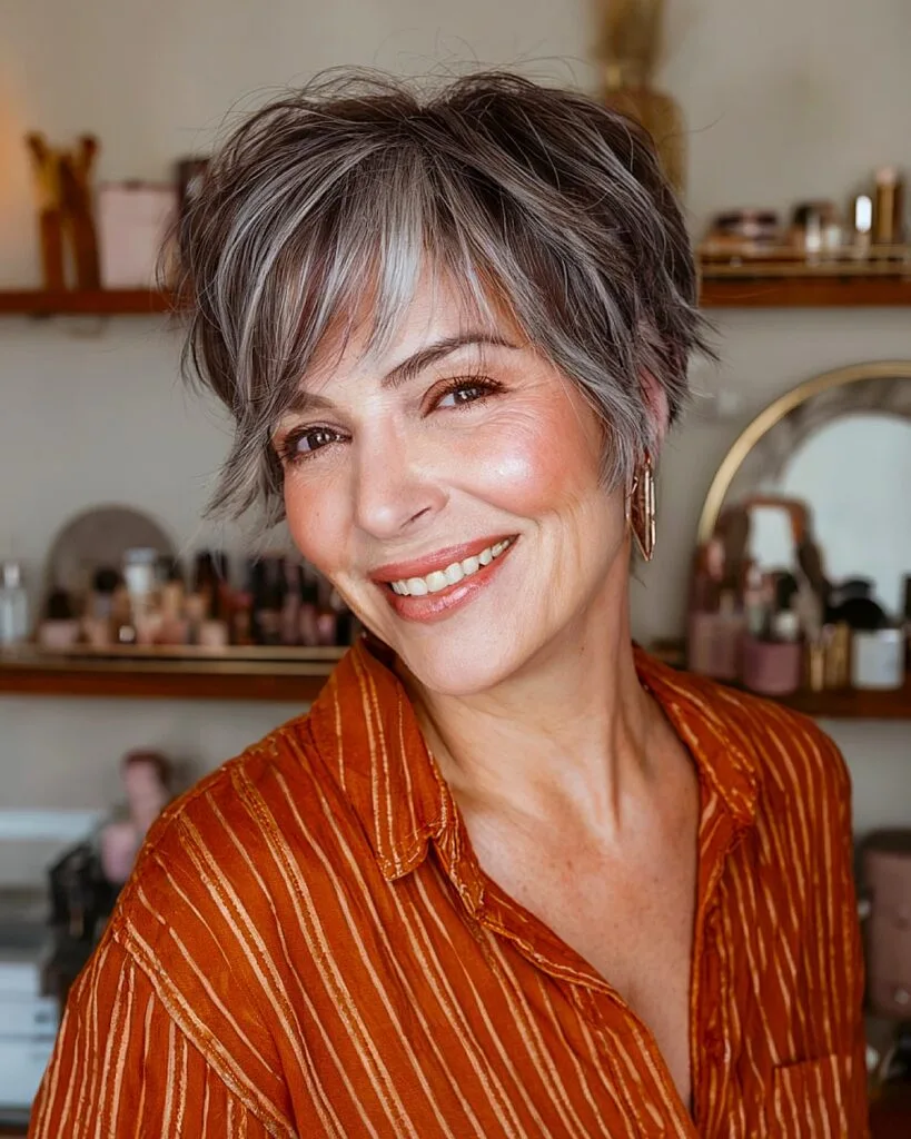 Short brunette hairstyle with gray blending highlights for mature women over 50