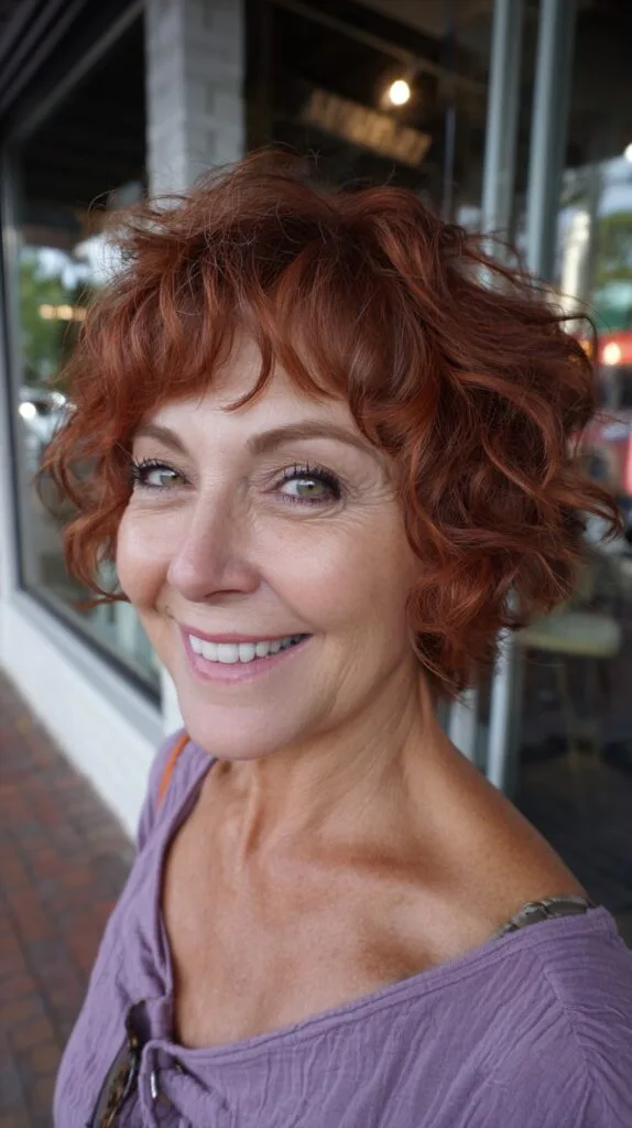 Short Cherry Mocha Curly Bob with Wispy Micro-Bangs