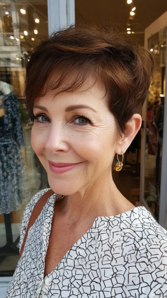 Short Chocolate Pixie with Wispy Frontal Fringe and Tapered Nape