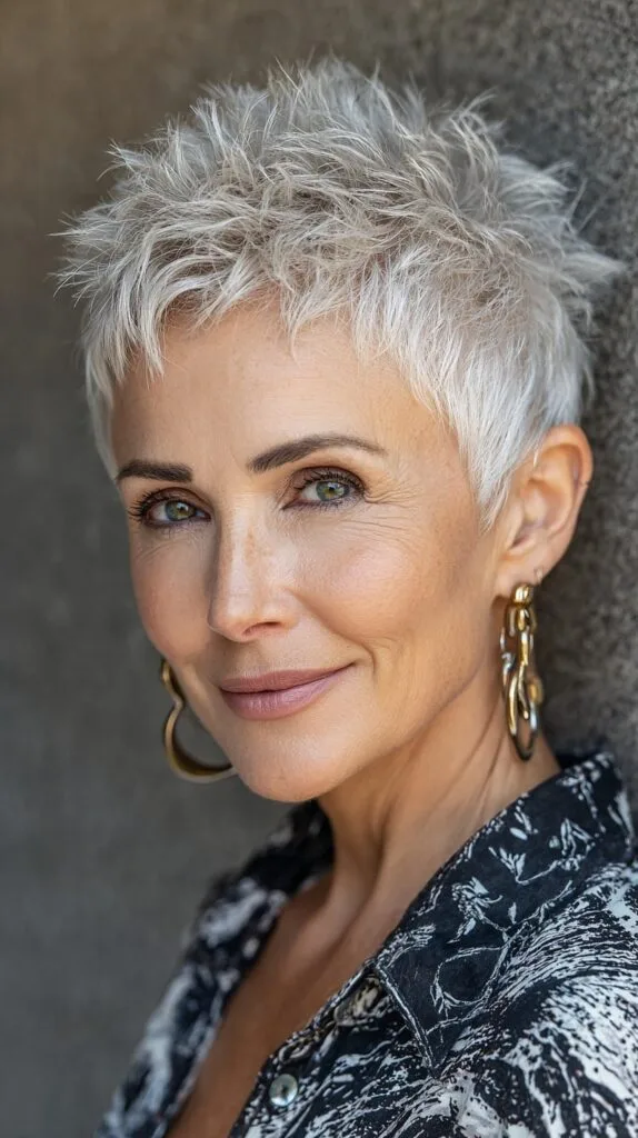 Short Choppy White-Silver Pixie with Spiky Crown and Tapered Nape