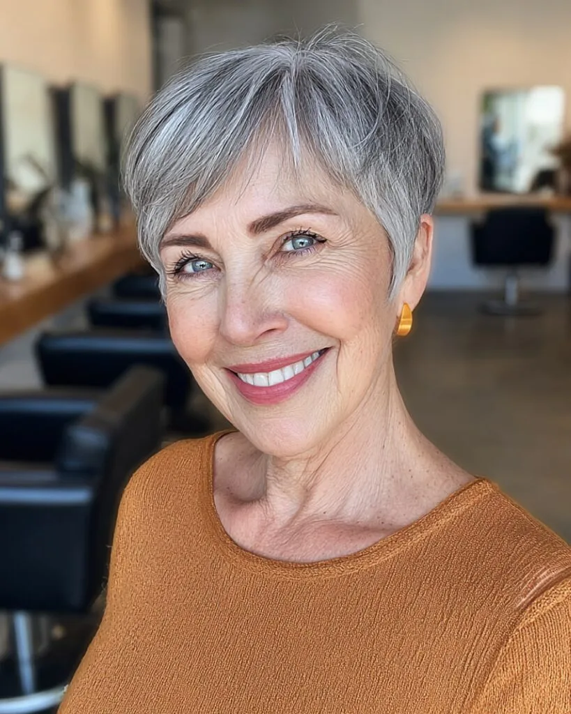 Short classic gray crop with soft fringe for older women with fine hair