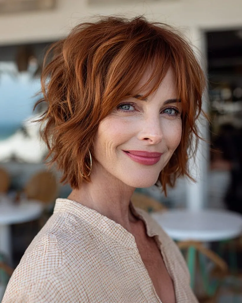 Short copper shag cut with bangs for older women with fine wavy hair