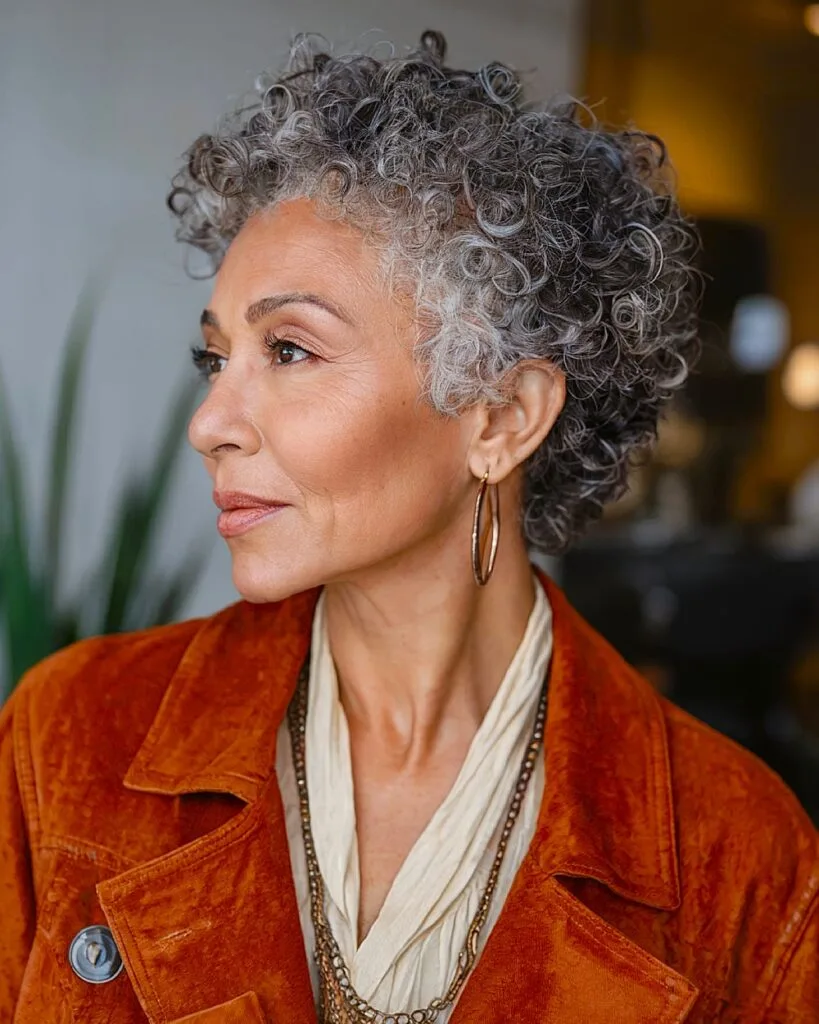 Short curly gray hairstyle with dimensional lowlights for older women