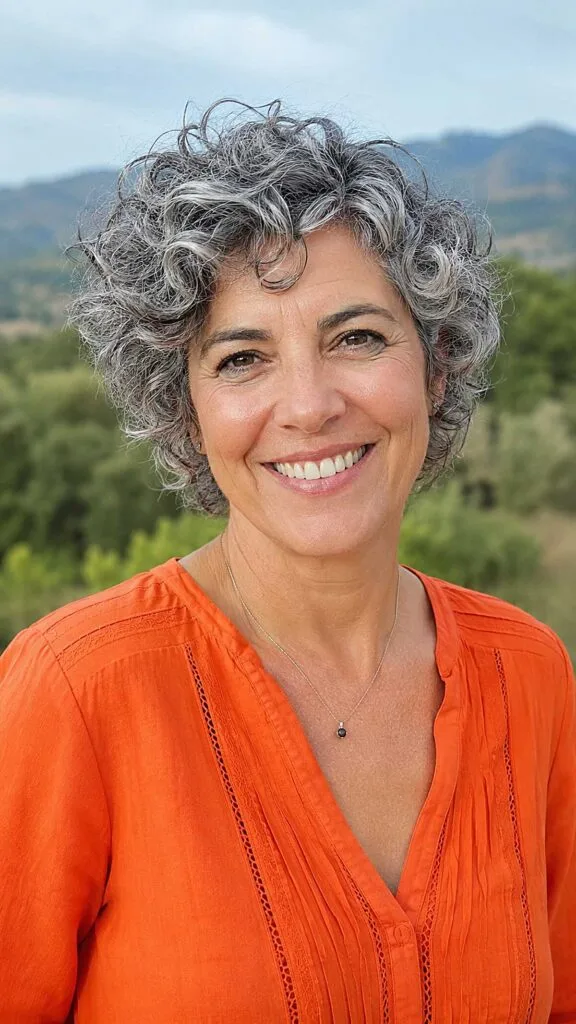 Short Curly Gray with Dark Root Anchoring