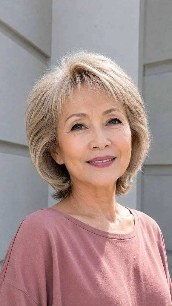 Short feathered ash blonde bob with layered flip