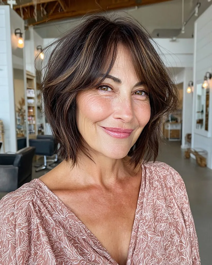 Short feathered bob with soft side bangs for older women with thick layered hair
