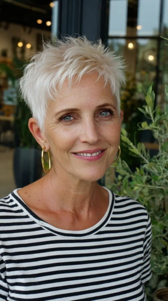 Short Feathered Platinum Pixie with Tousled Fringe