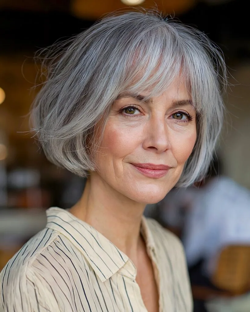 Short gray bob with soft layers for women over 50 and natural silver tones