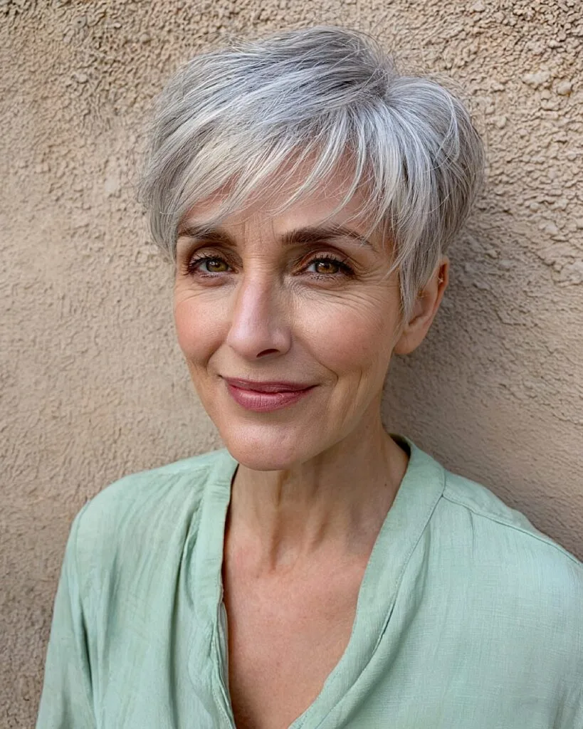 Short gray haircut with feathered layers and soft bangs for women over 50