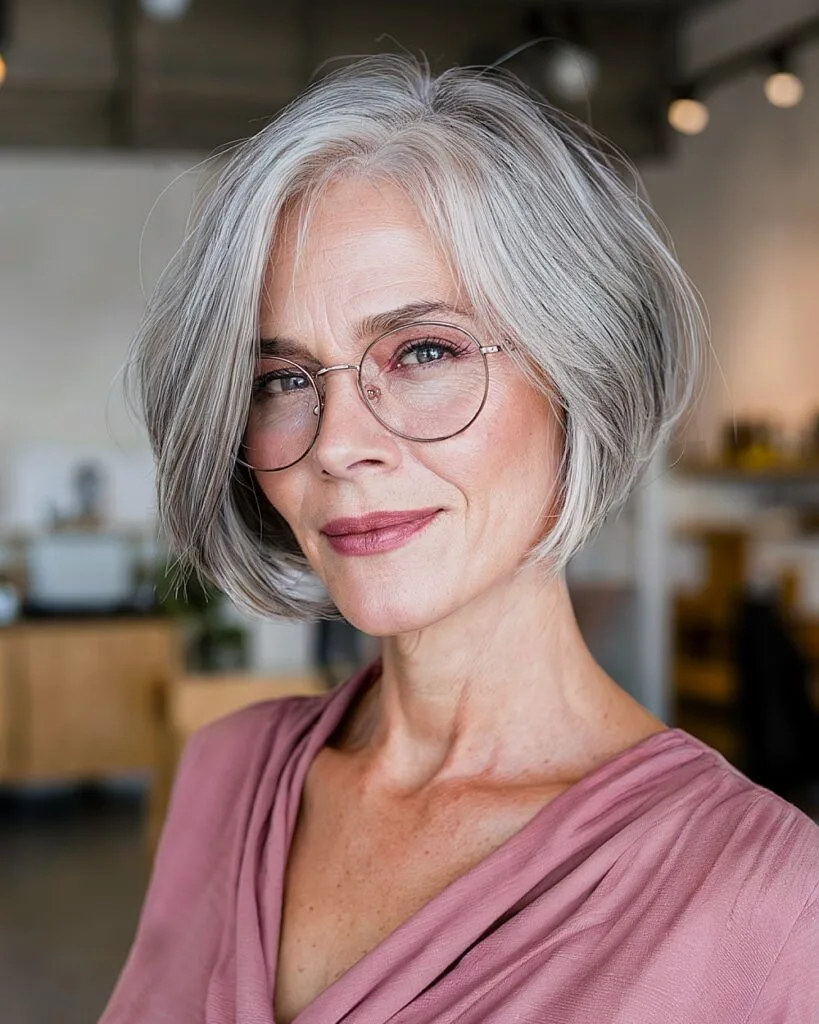 Short gray layered bob for women over 50 with glasses and natural silver shine