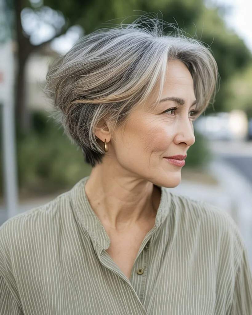 Short gray layered bob with soft brunette lowlights for women over 50