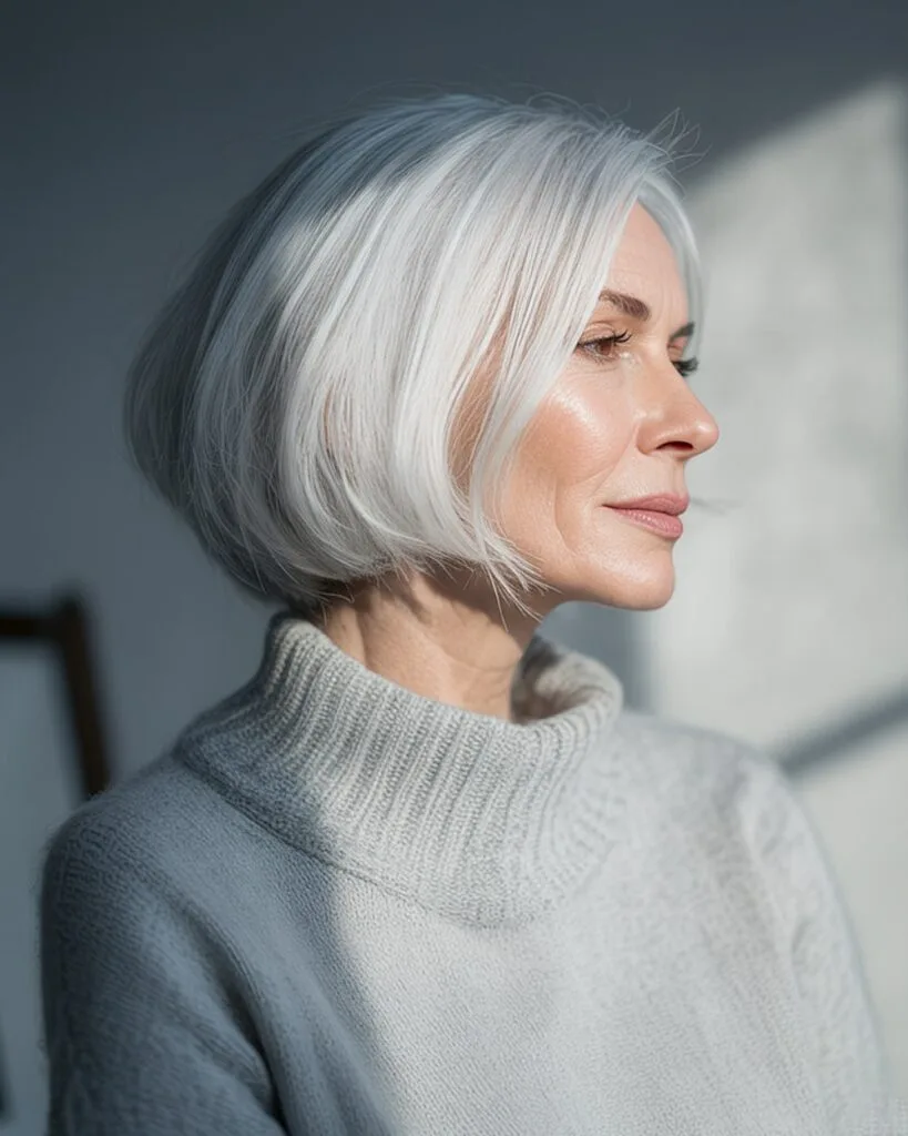Short icy silver gray bob haircut for women over 50 with Glimmara tone and smooth finish
