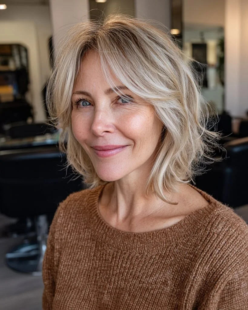 Short layered blonde cut with curtain bangs for older women with soft waves