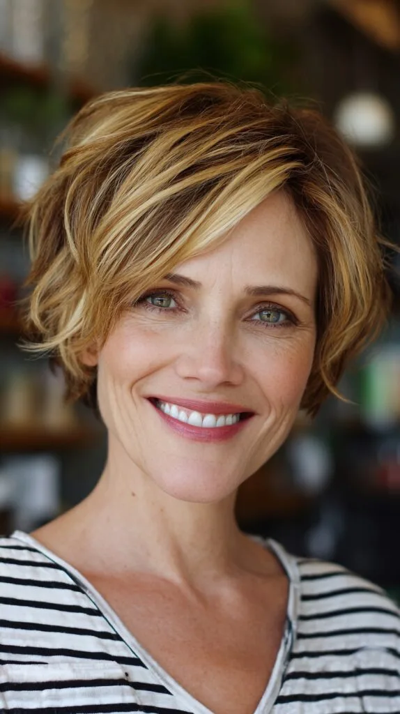 Short Layered Pixie with Forward‑Swept Fringe and Root Shadow