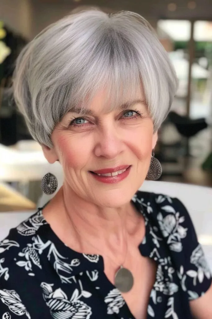 short micro bob with bangs for women over forty