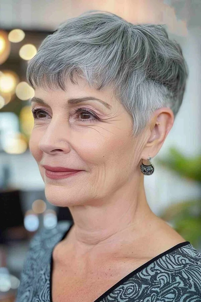 Short pixie cut on gray hair for older women with soft layers and short bangs.