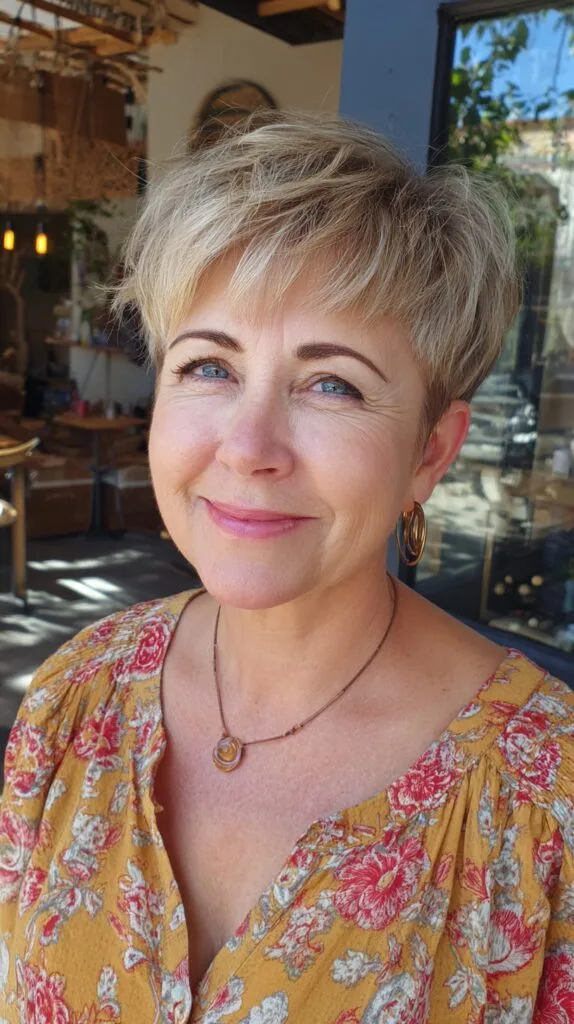 Short Platinum Pixie Shag with Feathered Fringe for Mature Hair