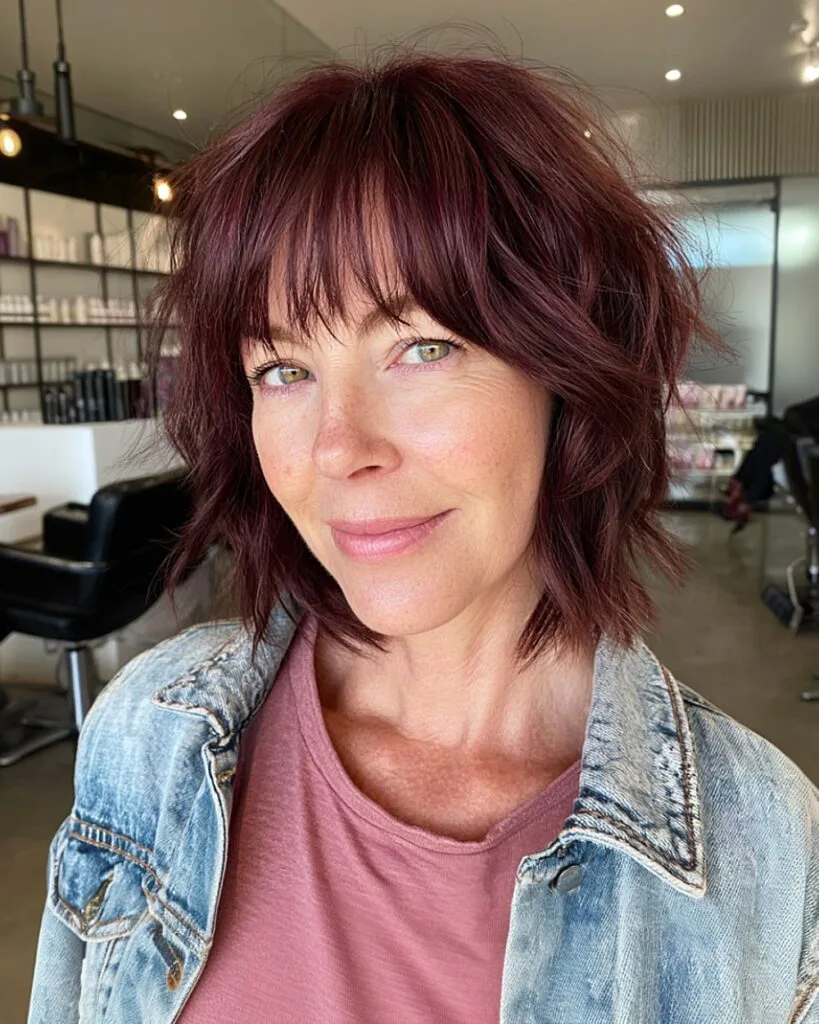 Short razored bob with full bangs for older women with textured burgundy hair