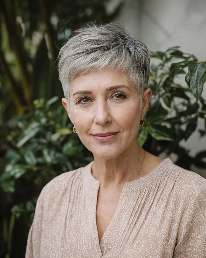 Short salt and pepper pixie cut with blended lowlights for women over 50