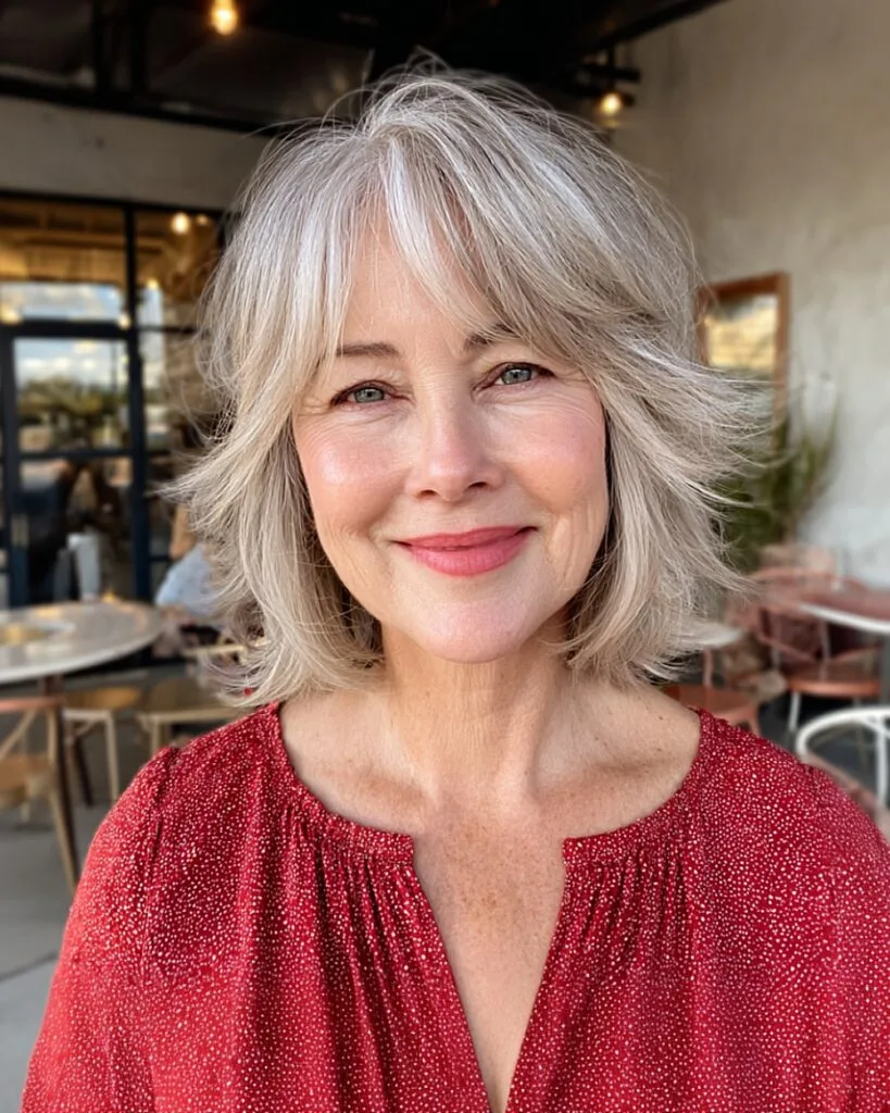 Short shaggy layered cut with soft fringe for older women with fine gray hair