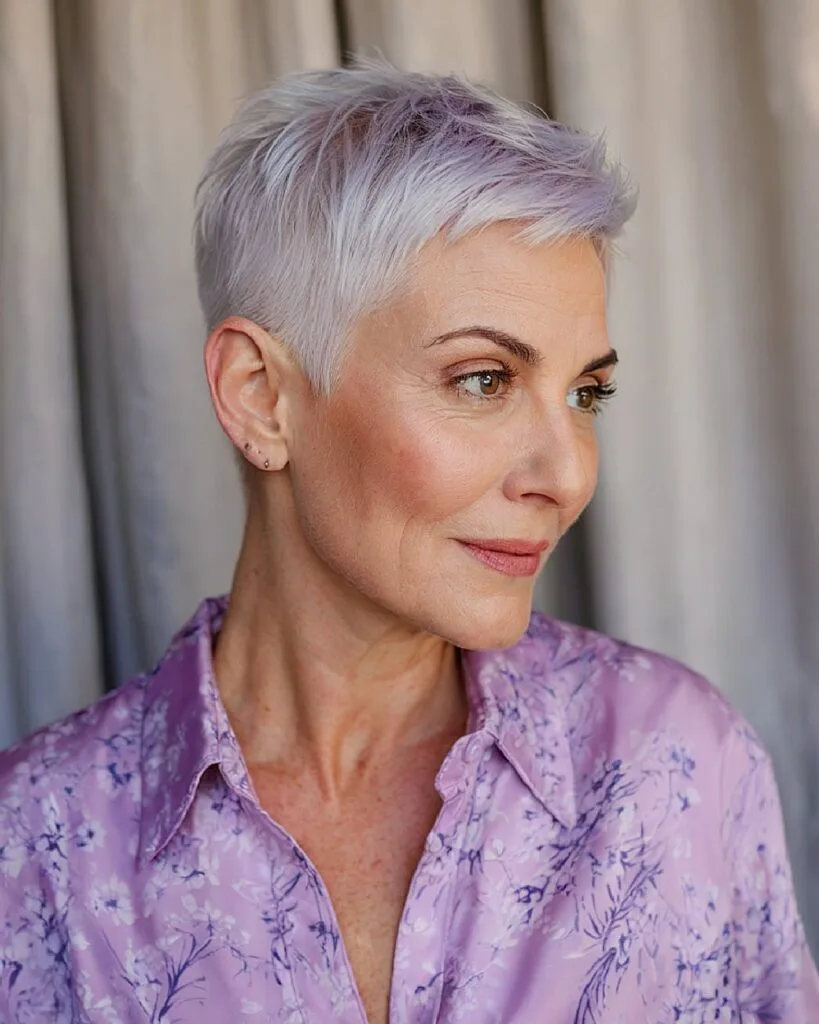 Short silver tapered pixie cut for women over 50 with soft layering and sleek finish