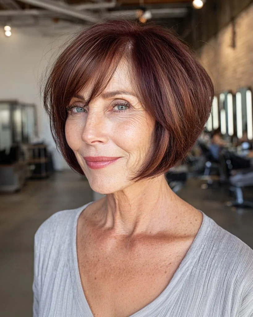 Short stacked bob with side bangs for older women with thick burgundy hair