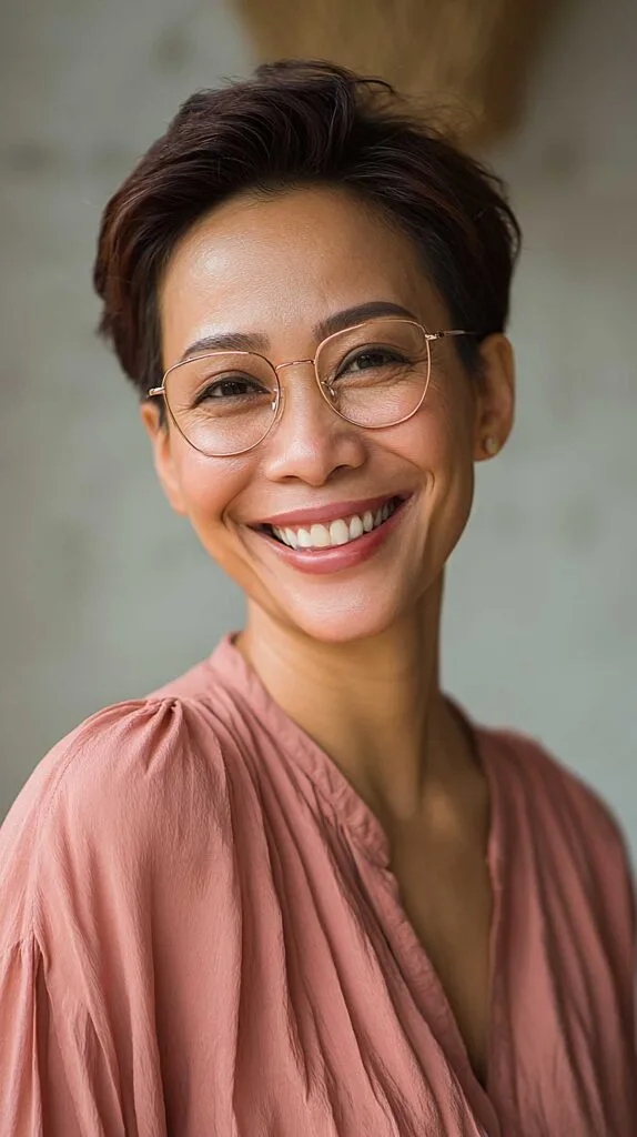 Short swept-back dark brunette pixie with glasses