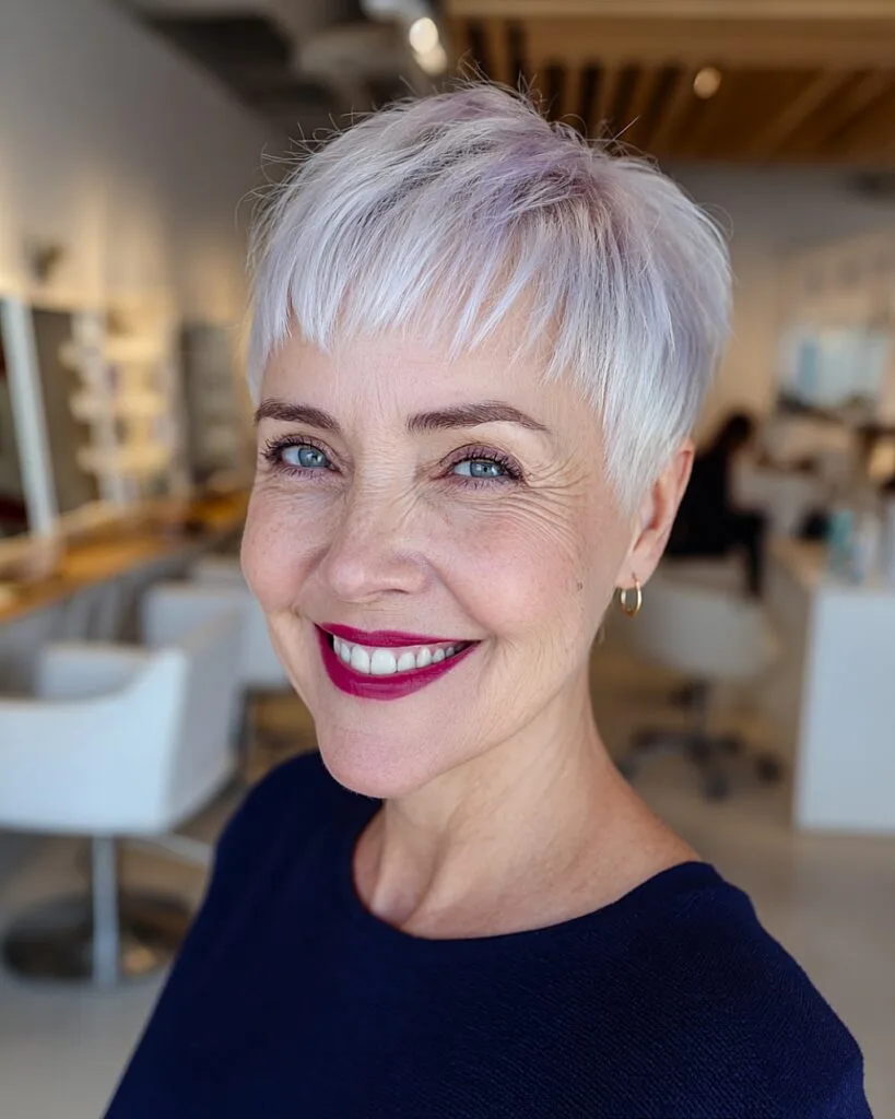 Short tapered white pixie with bangs for older women with thick hair