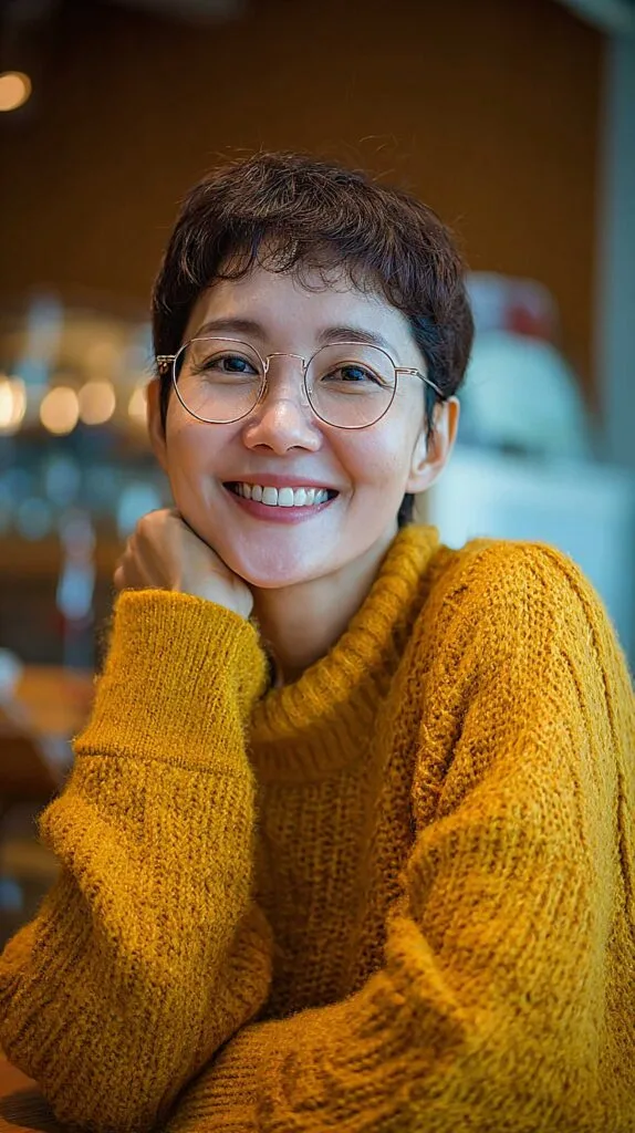Short textured brunette pixie with natural curl