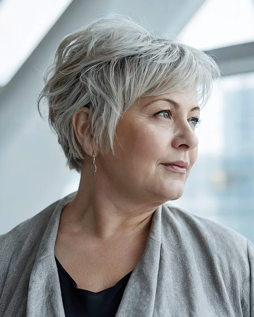Short textured pixie cut with wispy layers and side fringe on silver hair for full-faced women over 50