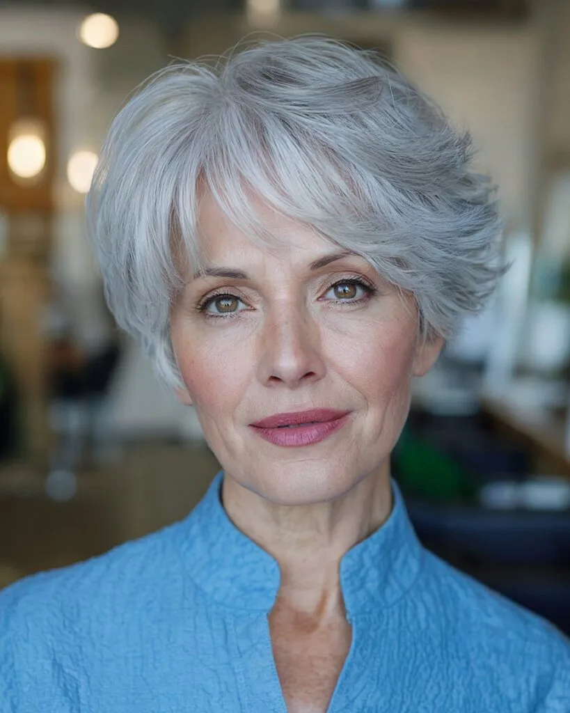 Short thick gray hairstyle with soft layers and rounded volume for older women