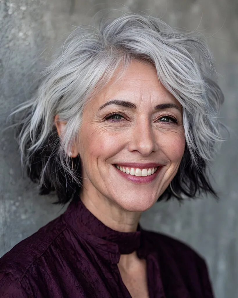 Short tousled gray ombre hairstyle for women over 50 with layered waves and textured tips