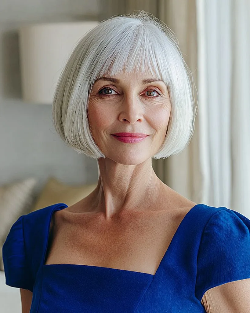 Short white French bob with rounded bangs for older women with straight thick hair