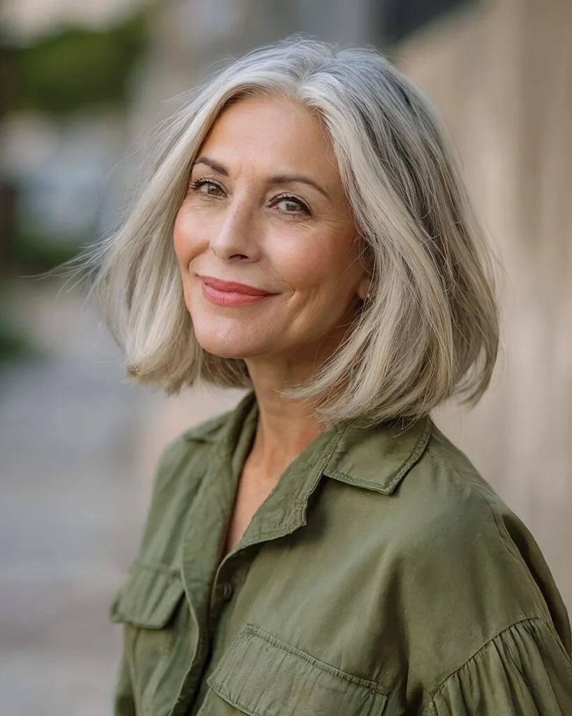 Shoulder-length gray hair with blonde streaks and lowlights over 50