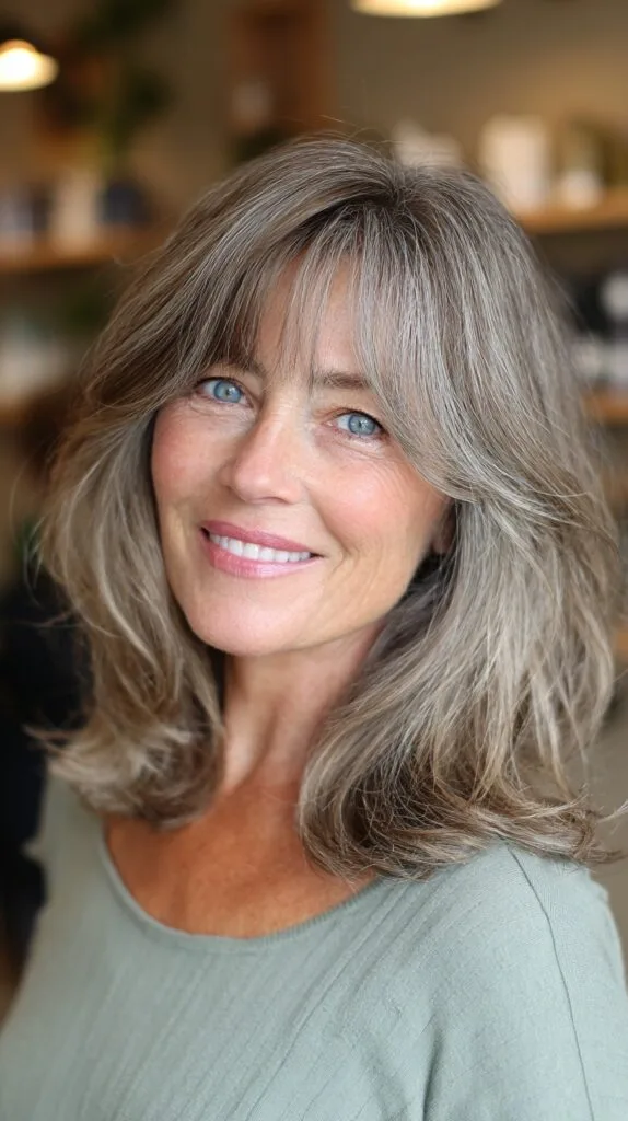 Silver Collarbone-Length Layers with Sheer Curtain Bangs