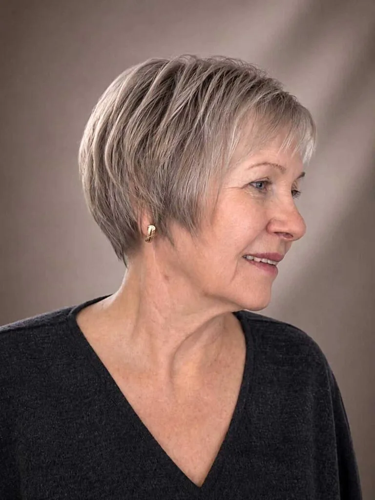 Silver gray feathered bixie with tapered nape