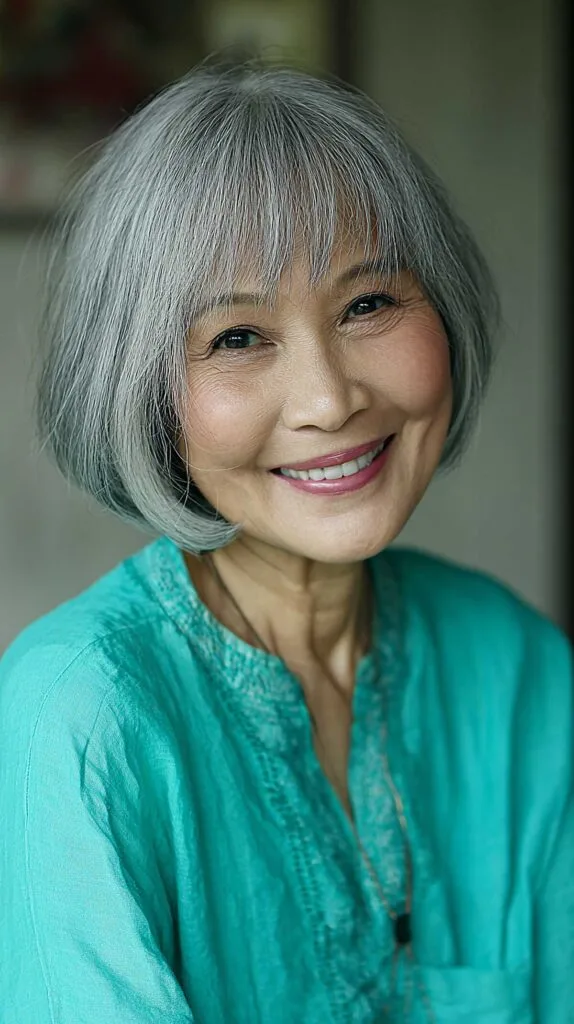 Silver Gray Rounded Bob with Wispy Thin Bangs